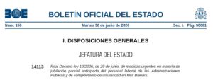 BOE 30 JUNIO 2026 JUBILACIÓN PARCIAL ANTICIPADA PERSONAL LABORAL ADMINISTRACIONES PÚBLICAS.